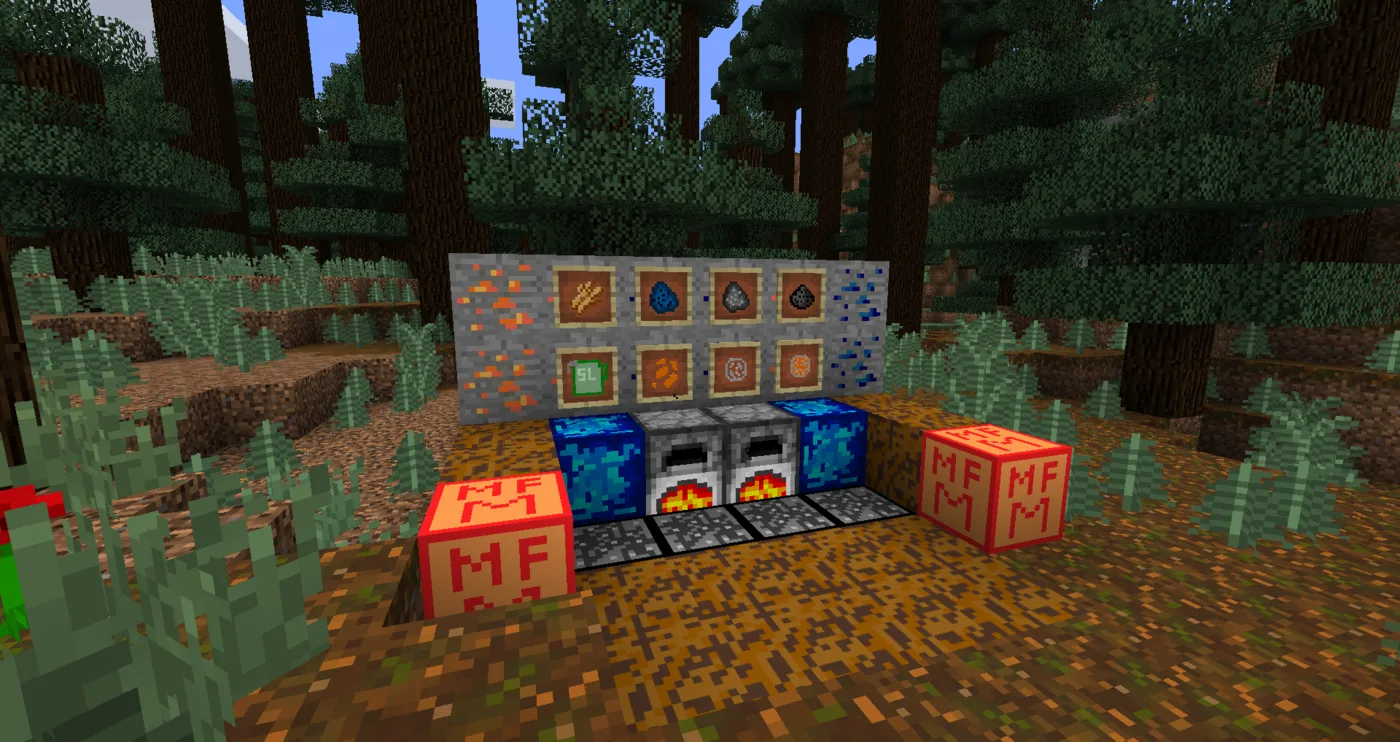 A Minecraft scene showing blocks and items added by the More Fuels mod