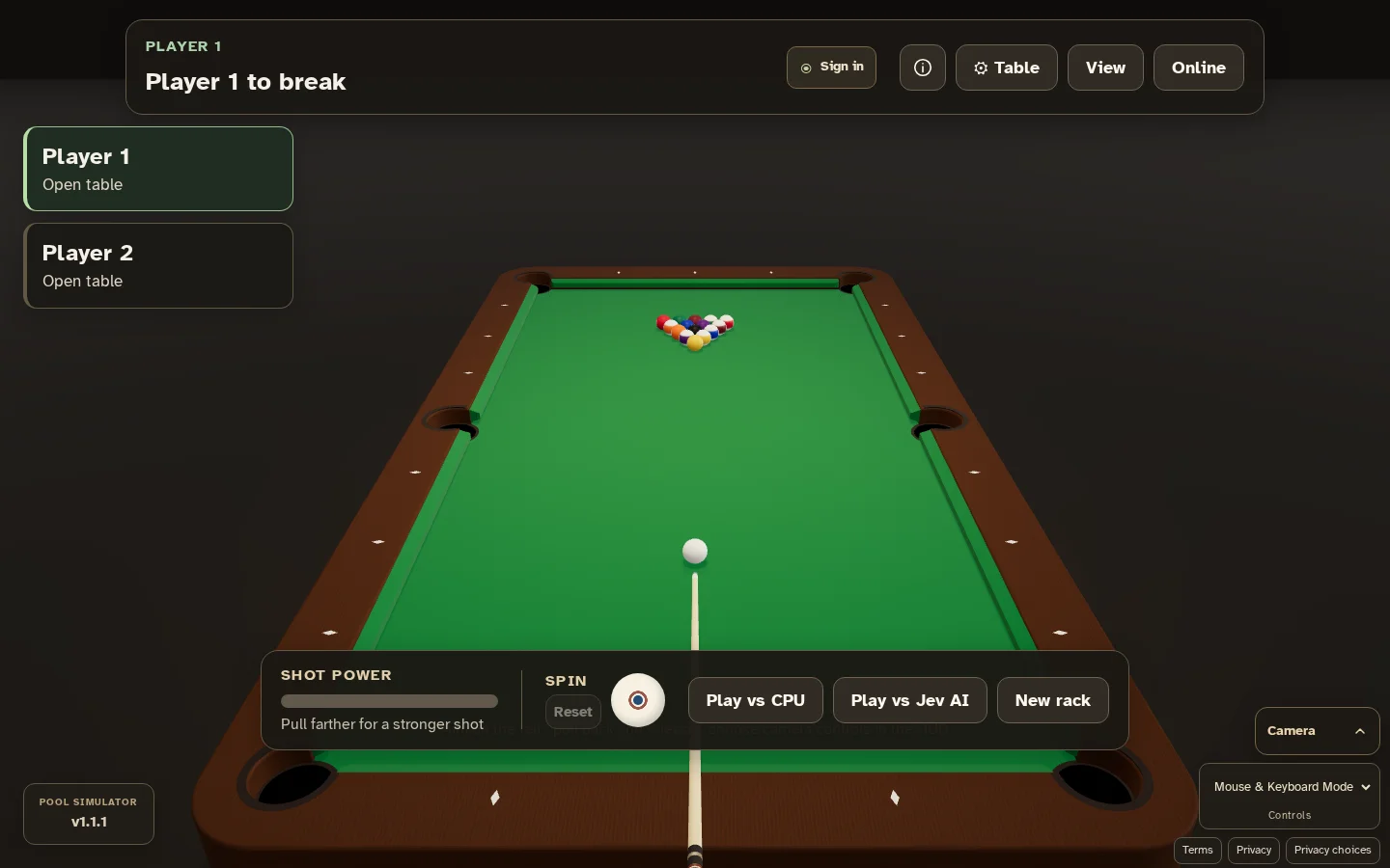 Pool Simulator’s 3D pool table with a full rack of balls and on-screen shot controls